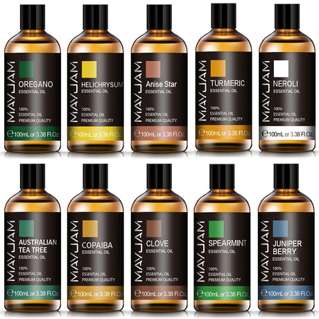 Collection of MayJam essential oil bottles on a white background