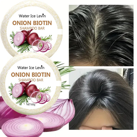 Water Ice Levin Onion Biotin Shampoo Bar packaging with images of hair before and after use.