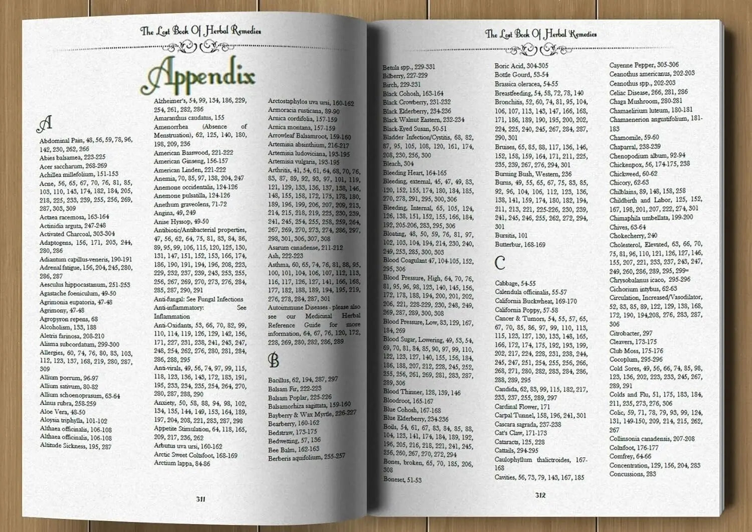 Open book showing an appendix section on a wooden surface