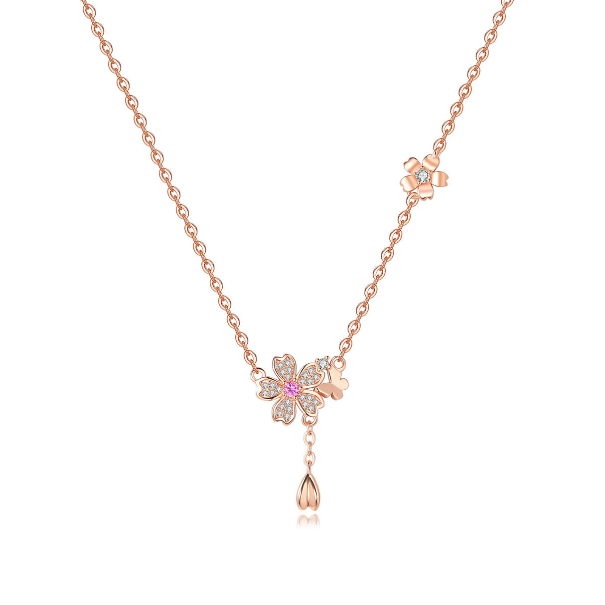 Rose gold necklace with floral pendants on a white background
