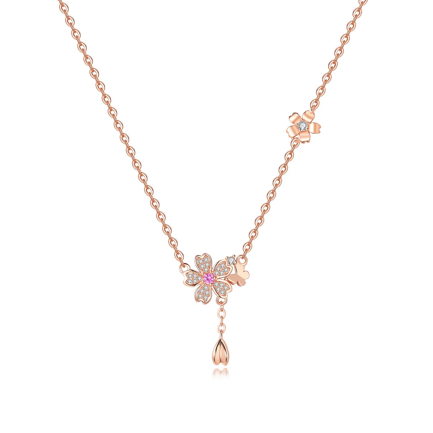 Rose gold necklace with floral pendants on a white background