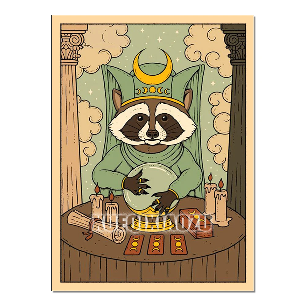 Illustration of a raccoon in a green robe with a crystal ball, tarot cards, and candles on a table.