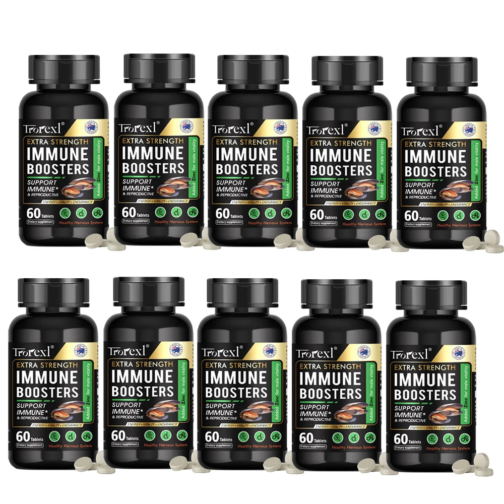 Multiple bottles of Iorexi Extra Strength Immune Boosters on a white background