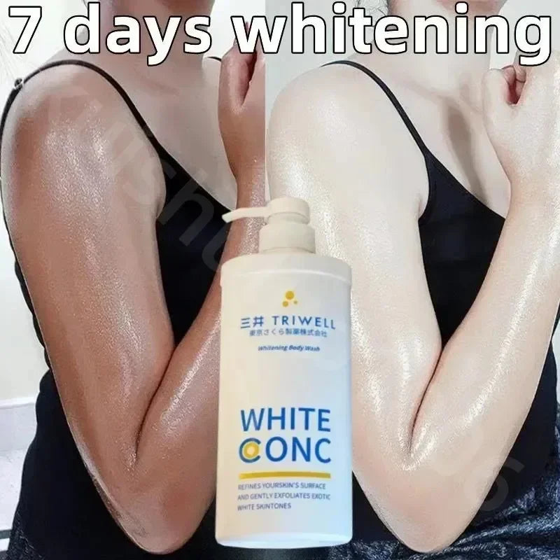 Person showing before and after effects of a whitening product with '7 days whitening' text.