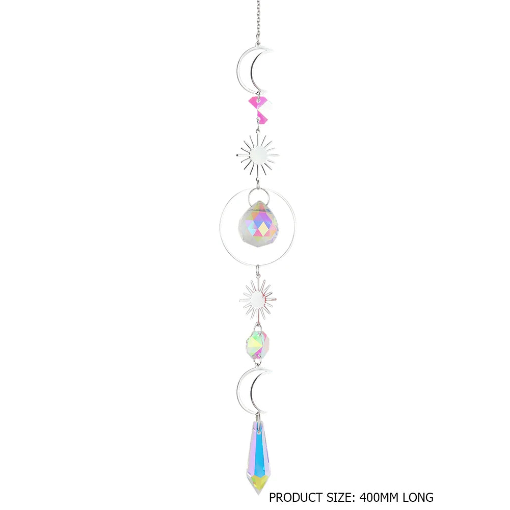 Decorative hanging chain with colorful crystals on a white background