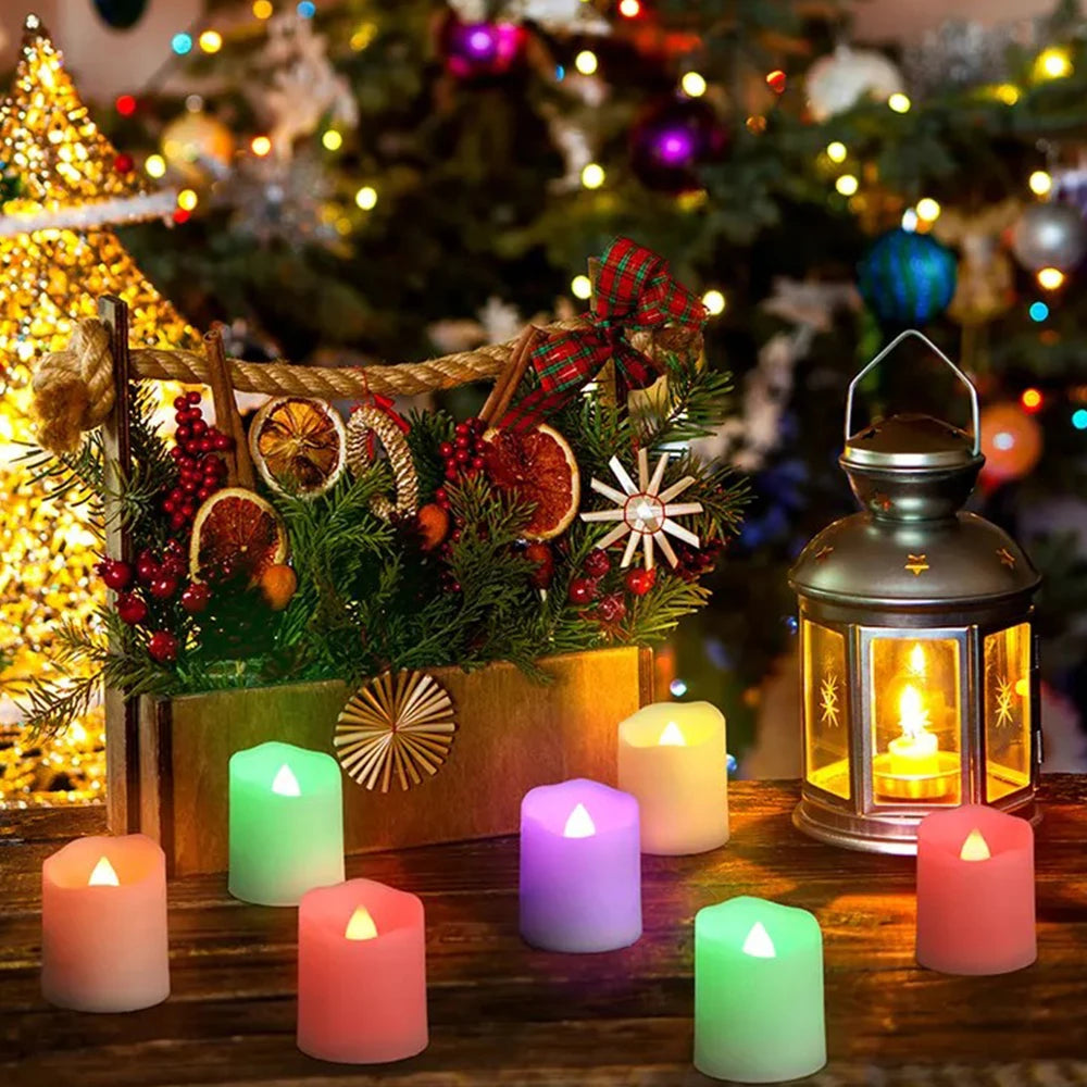Decorative setup with candles, lantern, and Christmas tree in the background