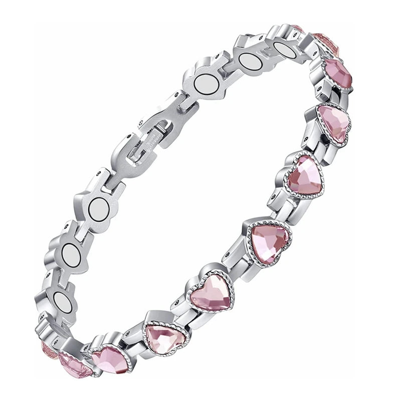 Silver bracelet with pink heart-shaped stones on a white background