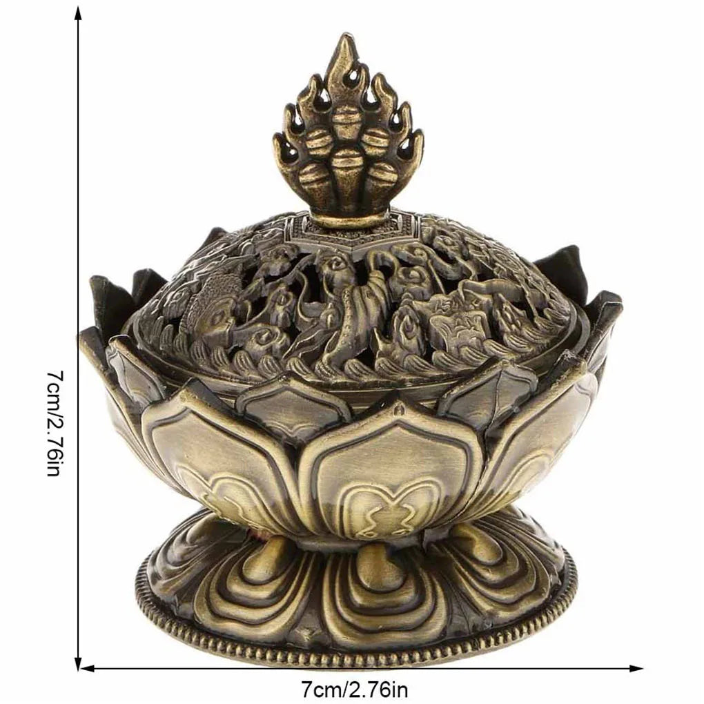 Decorative bronze incense burner with intricate designs and dimensions indicated.