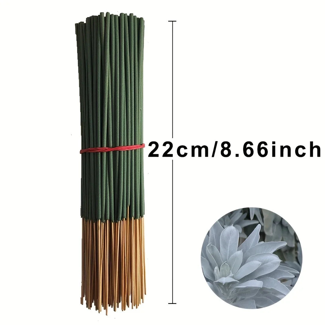 Bundled incense sticks with green and brown colors, measurement label, and close-up of incense smoke.