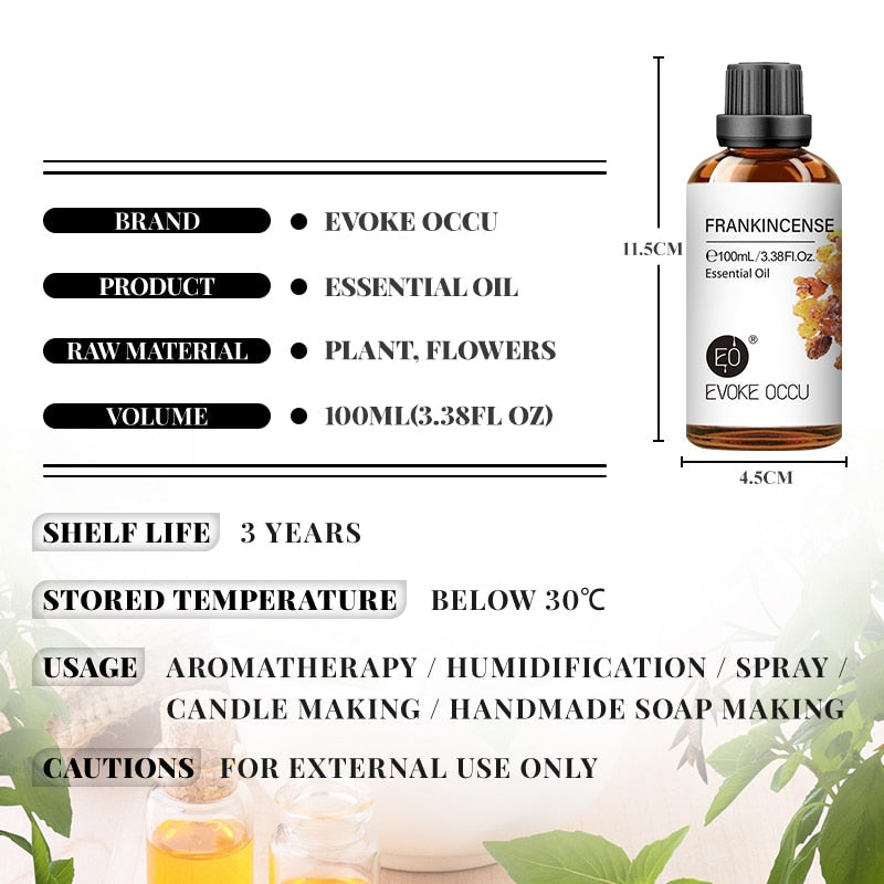 Evoke Occu essential oil bottle with product details on a white background