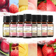 Set of EUQUEE essential oil bottles with fruit-themed labels and images.