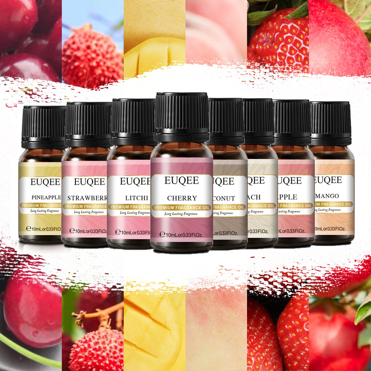 Set of EUQUEE essential oil bottles with fruit-themed labels and images.