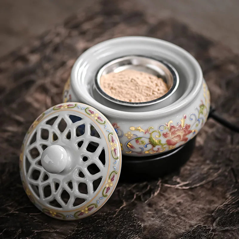 Decorative ceramic incense burner with floral patterns on a textured surface