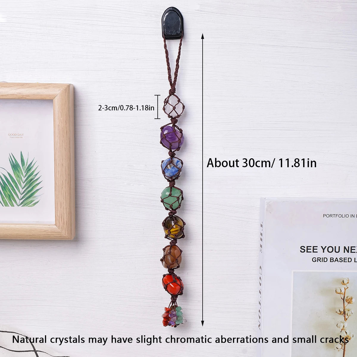 Colorful crystal necklace with measurements on a white background