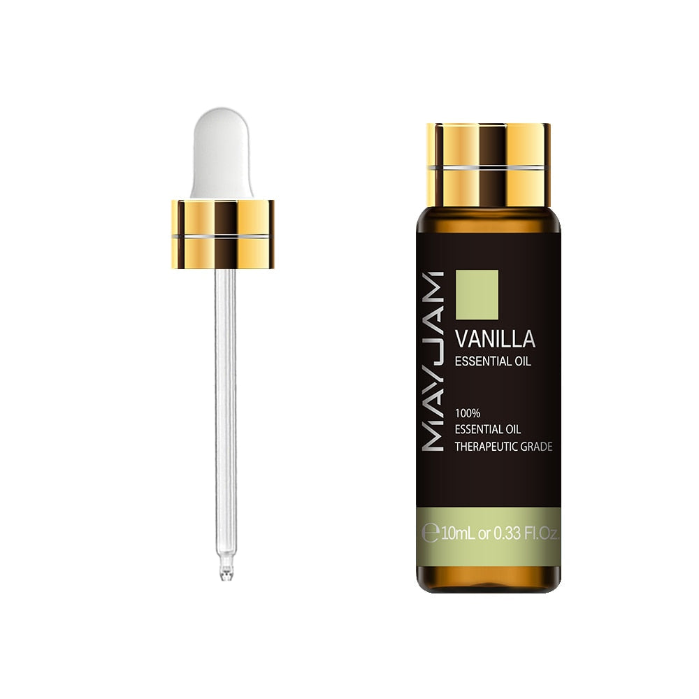 MayJam vanilla essential oil bottle with dropper on a white background
