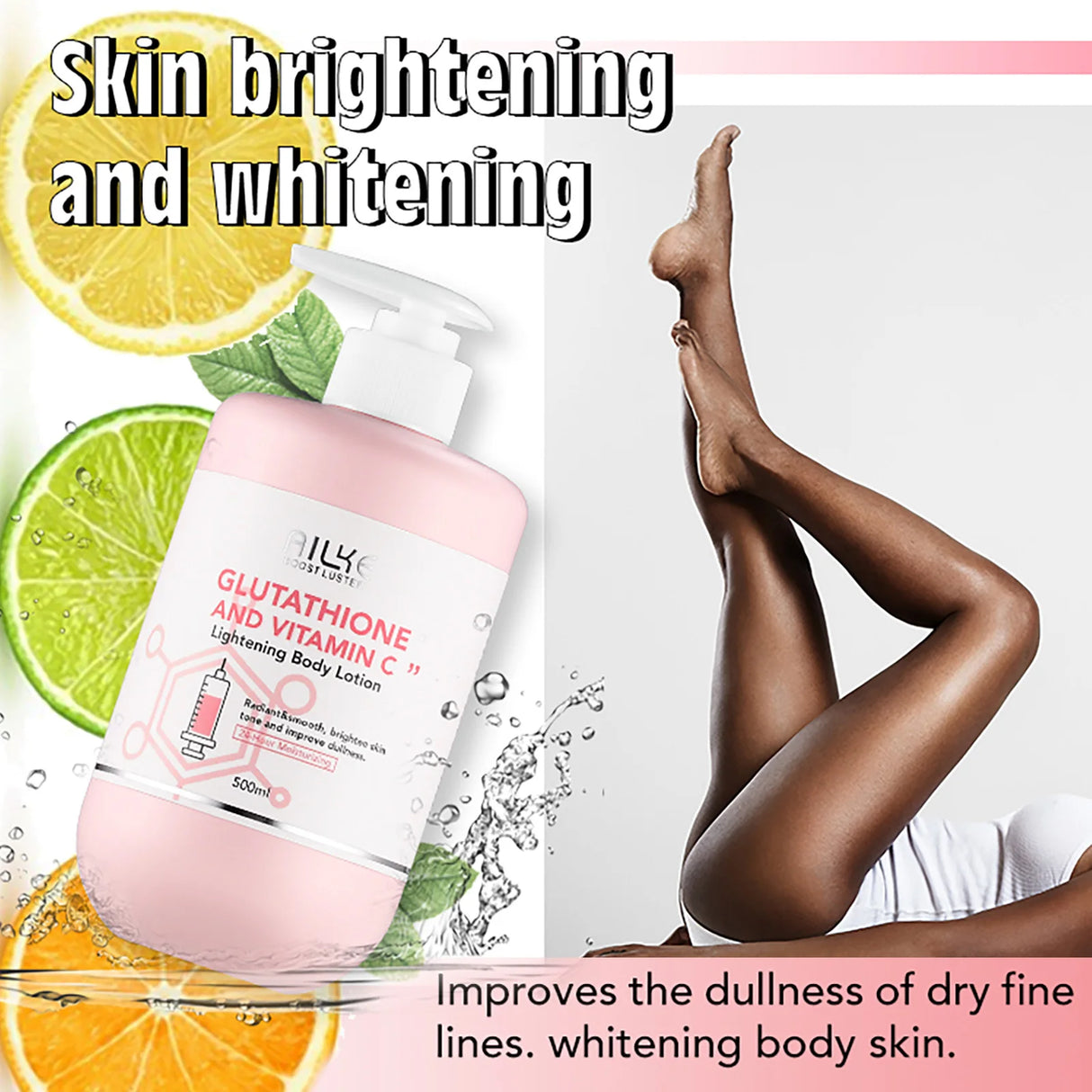Body lotion with lemon, lime, and orange slices on a white background