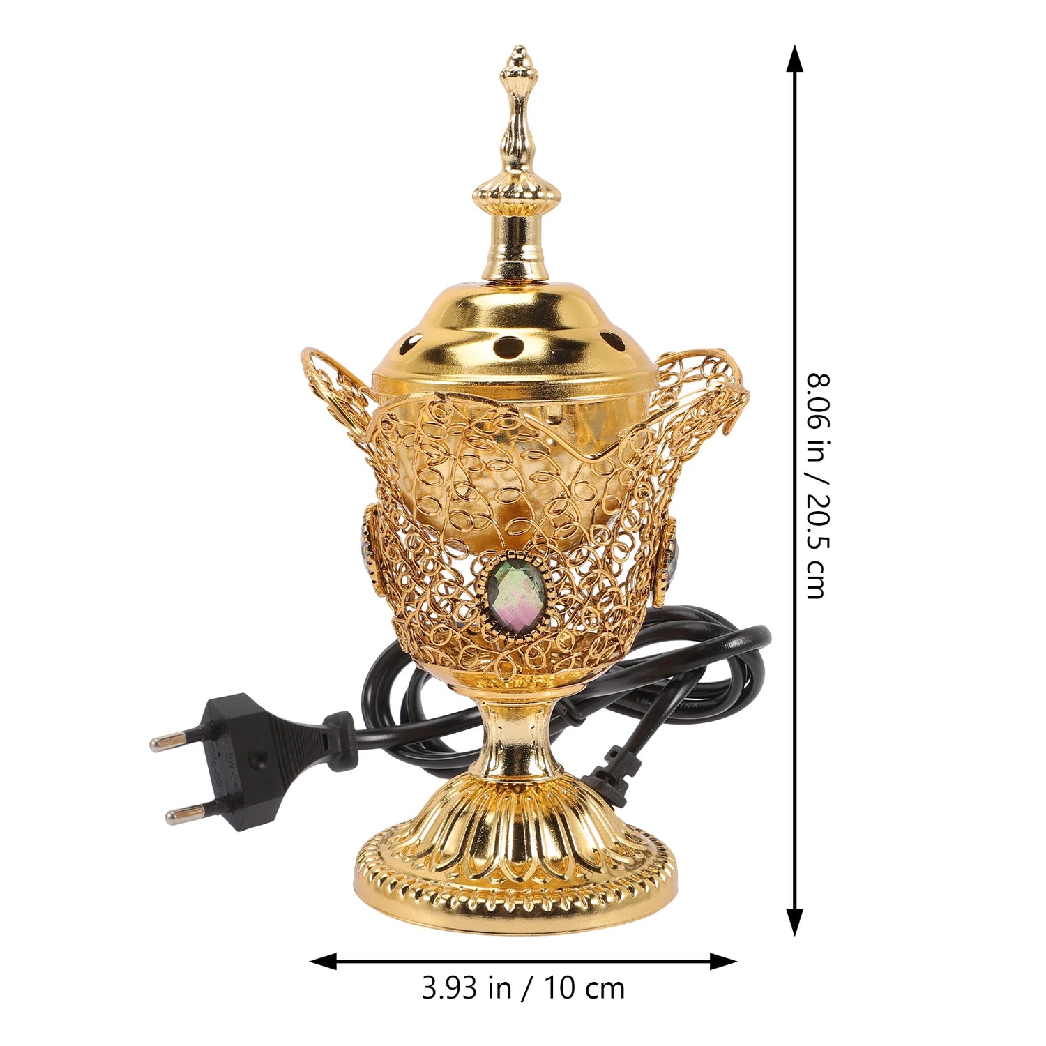 Decorative gold lamp with dimensions indicated on a white background