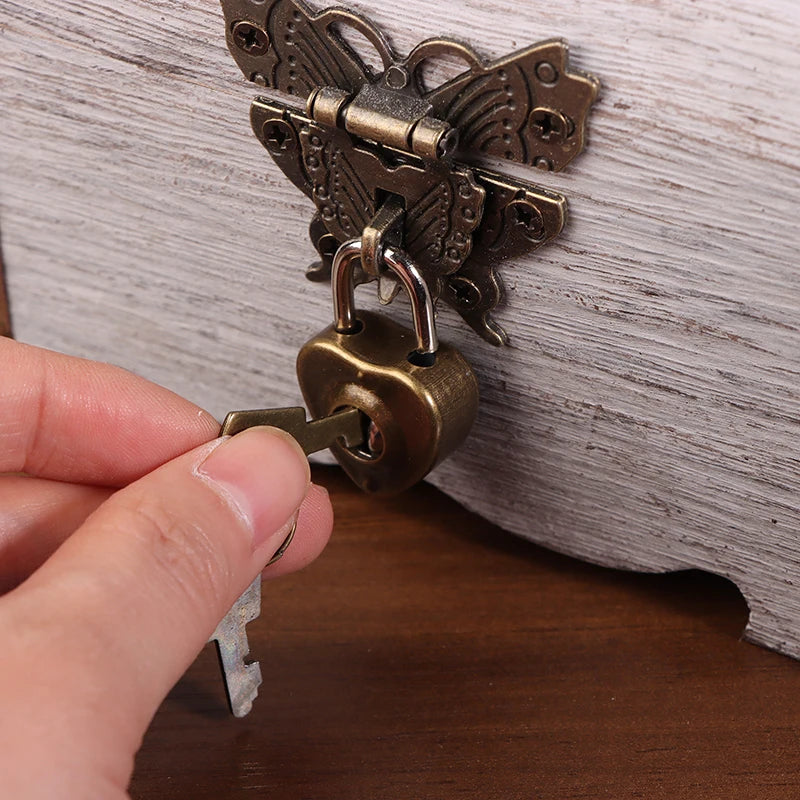 Butterfly-shaped brass lock on a wooden surface with a hand holding a key.