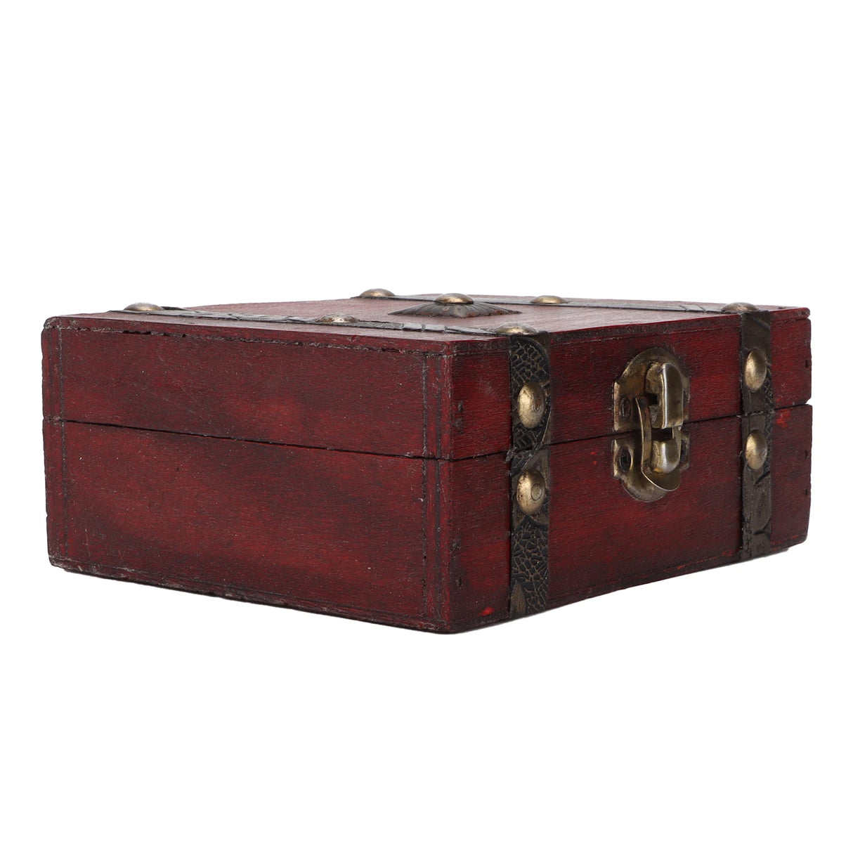 Vintage-style wooden box with brass locks on a white background