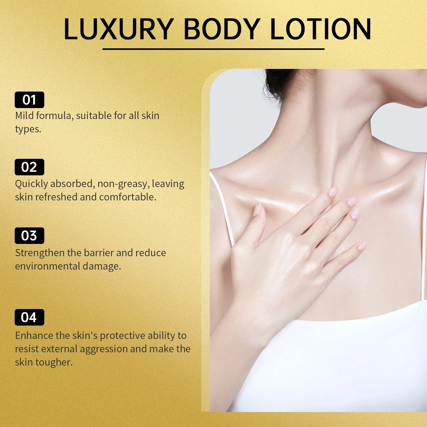 Advertisement for luxury body lotion with text and a person applying lotion.