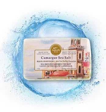 Bar of soap with branding on a blue and white background