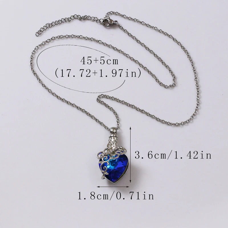 Necklace with a blue heart-shaped pendant and measurements on a white background