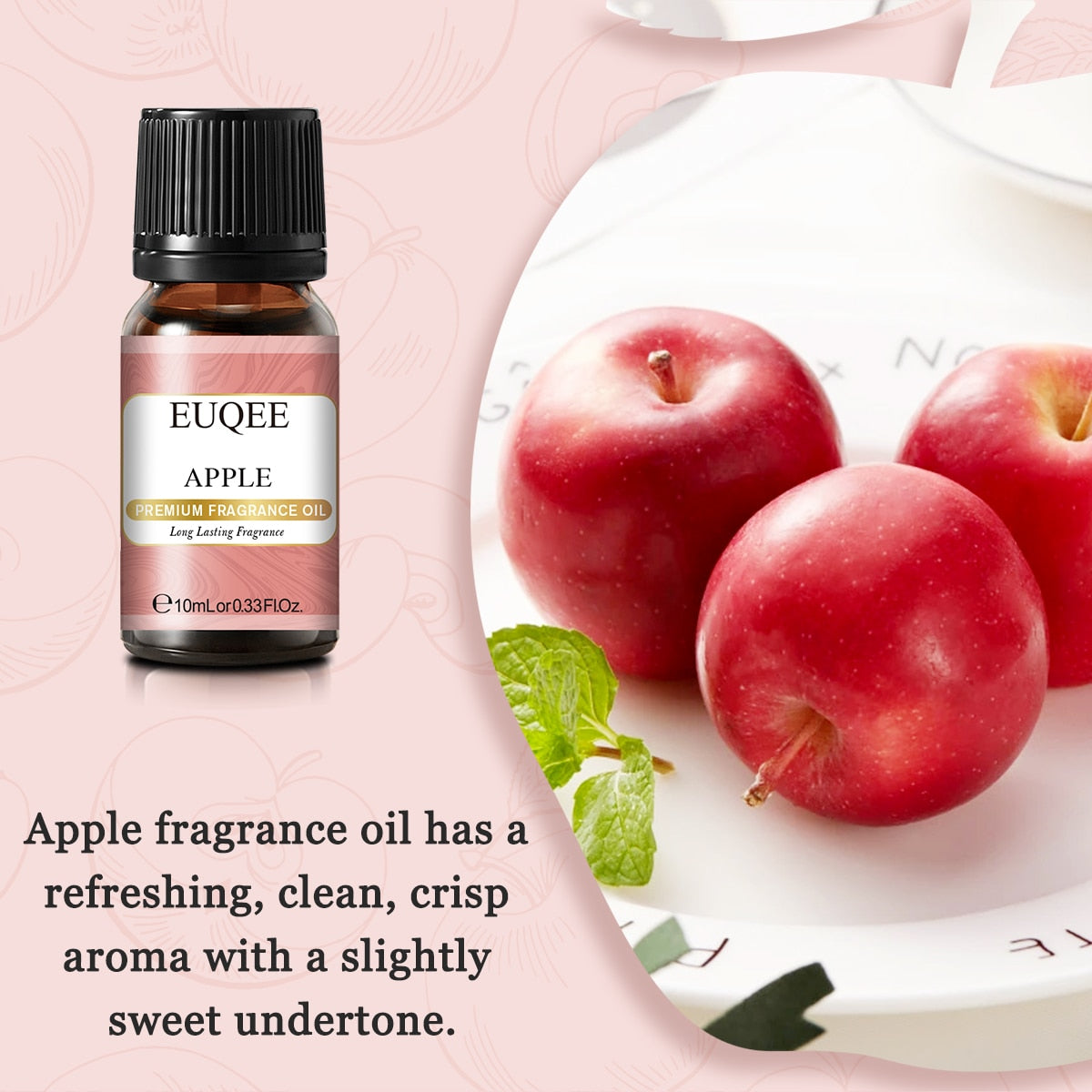 EUQUEE Apple fragrance oil bottle with apples and mint leaves on a pink background