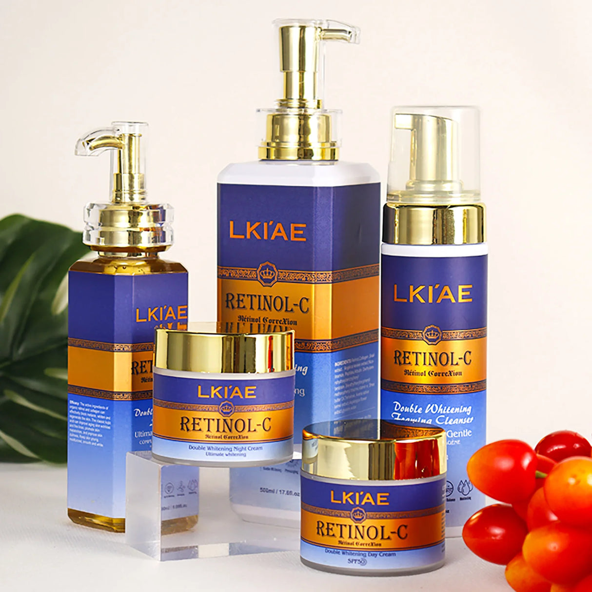 Collection of LKIAE skincare products including bottles and a jar on a light background.