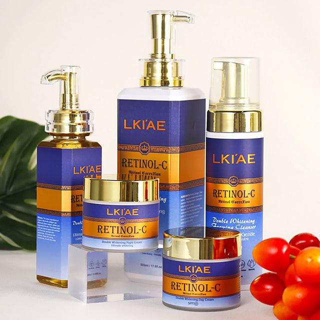 Collection of LKIAE skincare products including bottles and a jar on a light background.