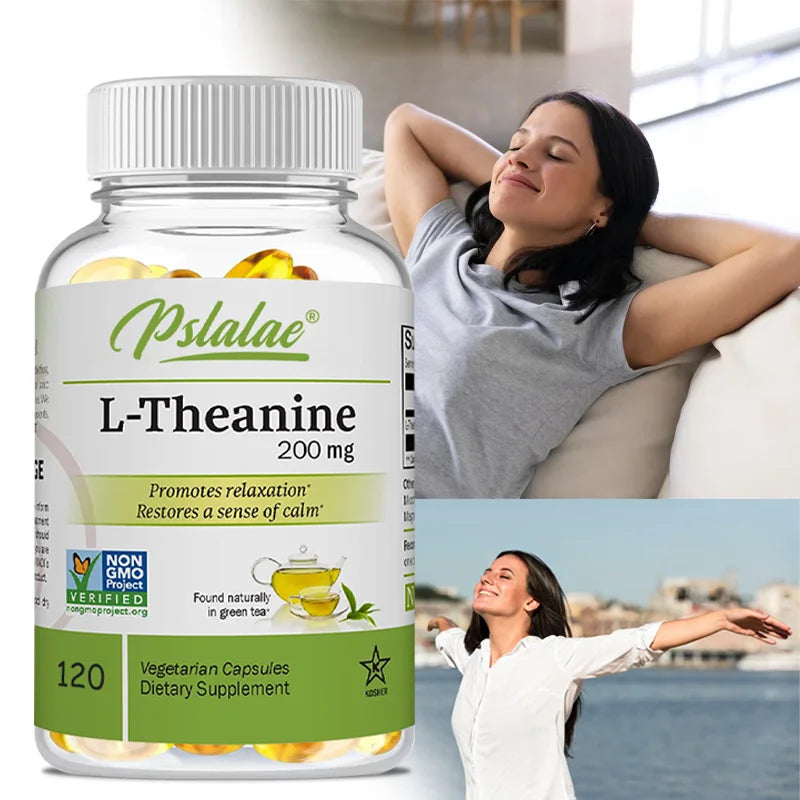 Pslalae L-Theanine supplement bottle with a woman relaxing and another by water