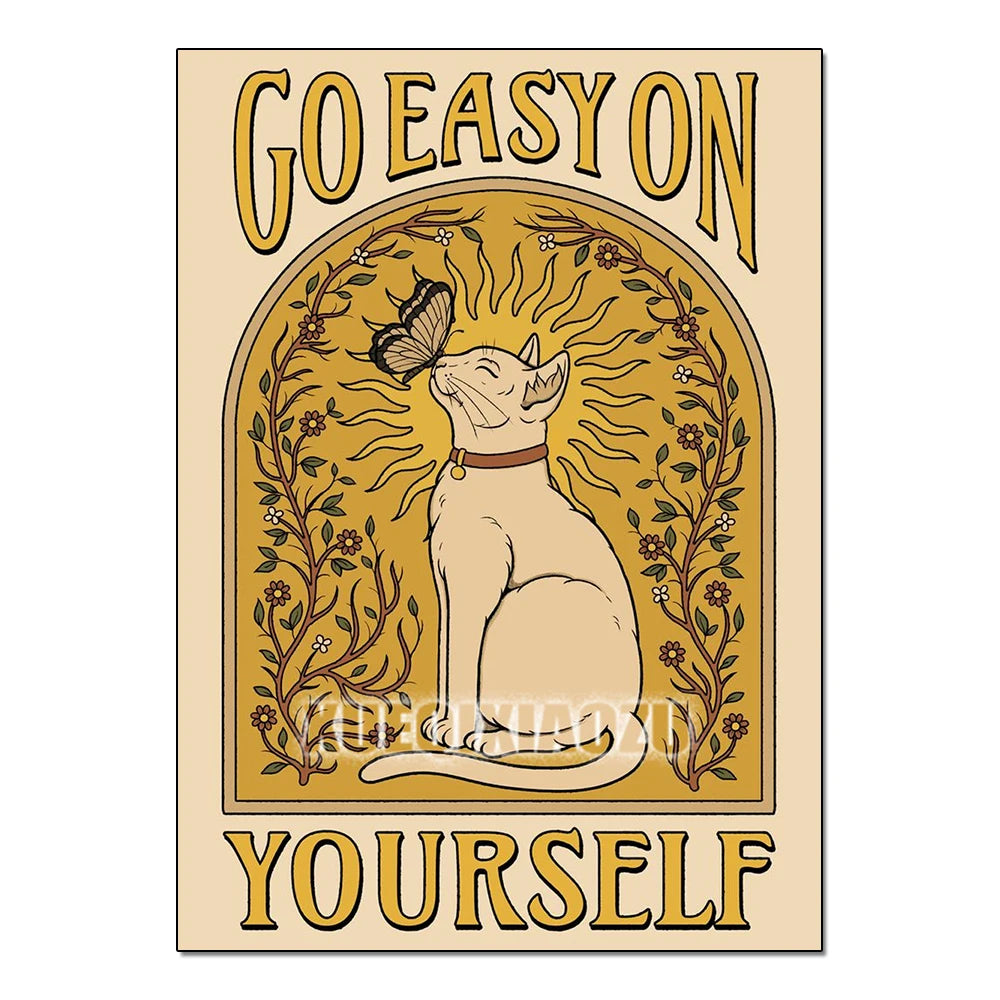 Poster with a cat illustration and 'Go Easy On Yourself' text on a beige background