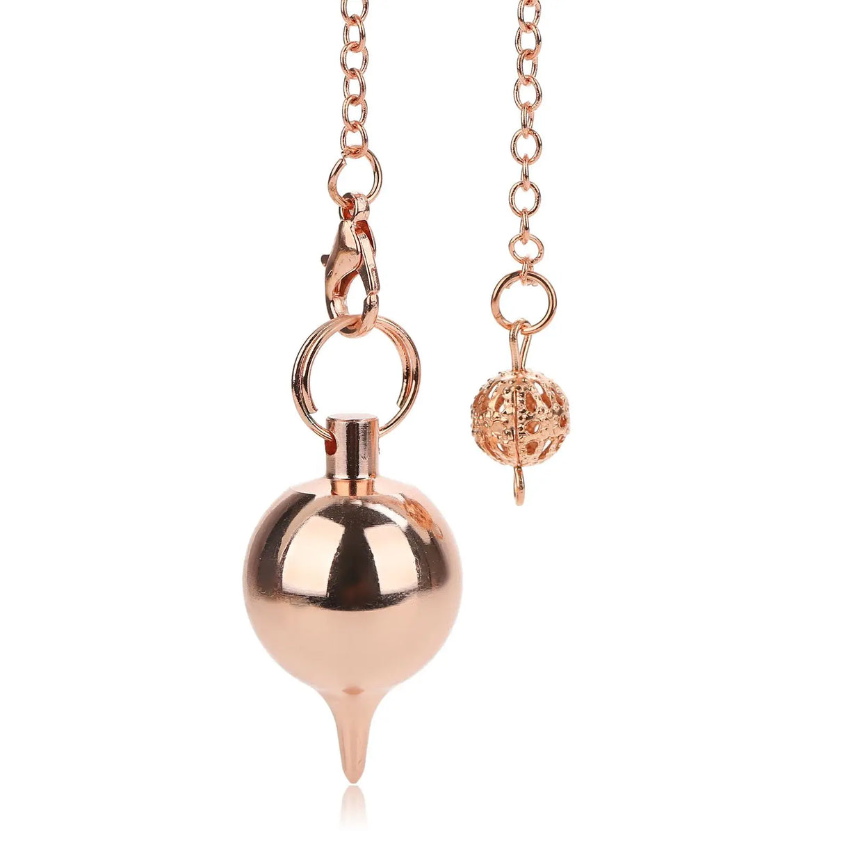 Rose gold pendant necklace on a white background