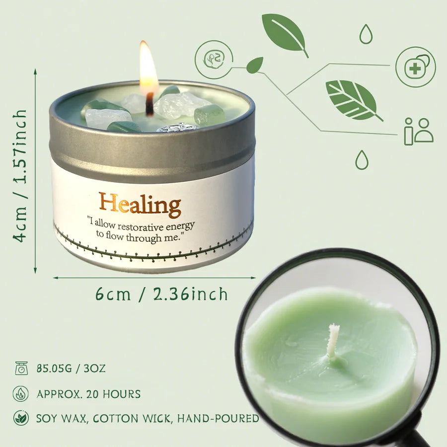 Candle in a tin labeled 'Healing' with dimensions and product details on a green background
