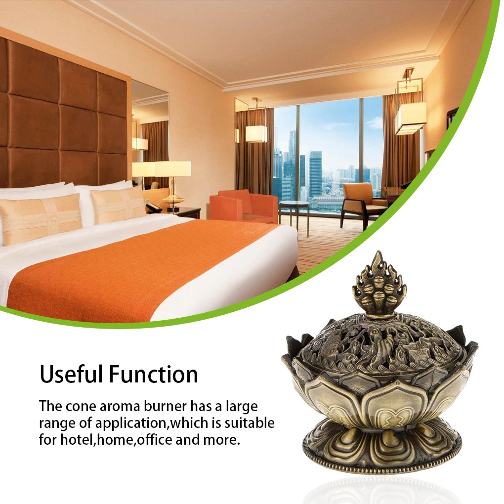 Decorative incense burner with a bedroom scene in the background