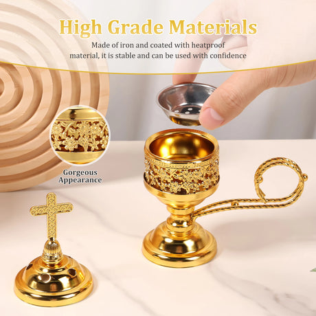 Gold religious items including a chalice and cross on a white surface with text about material quality.