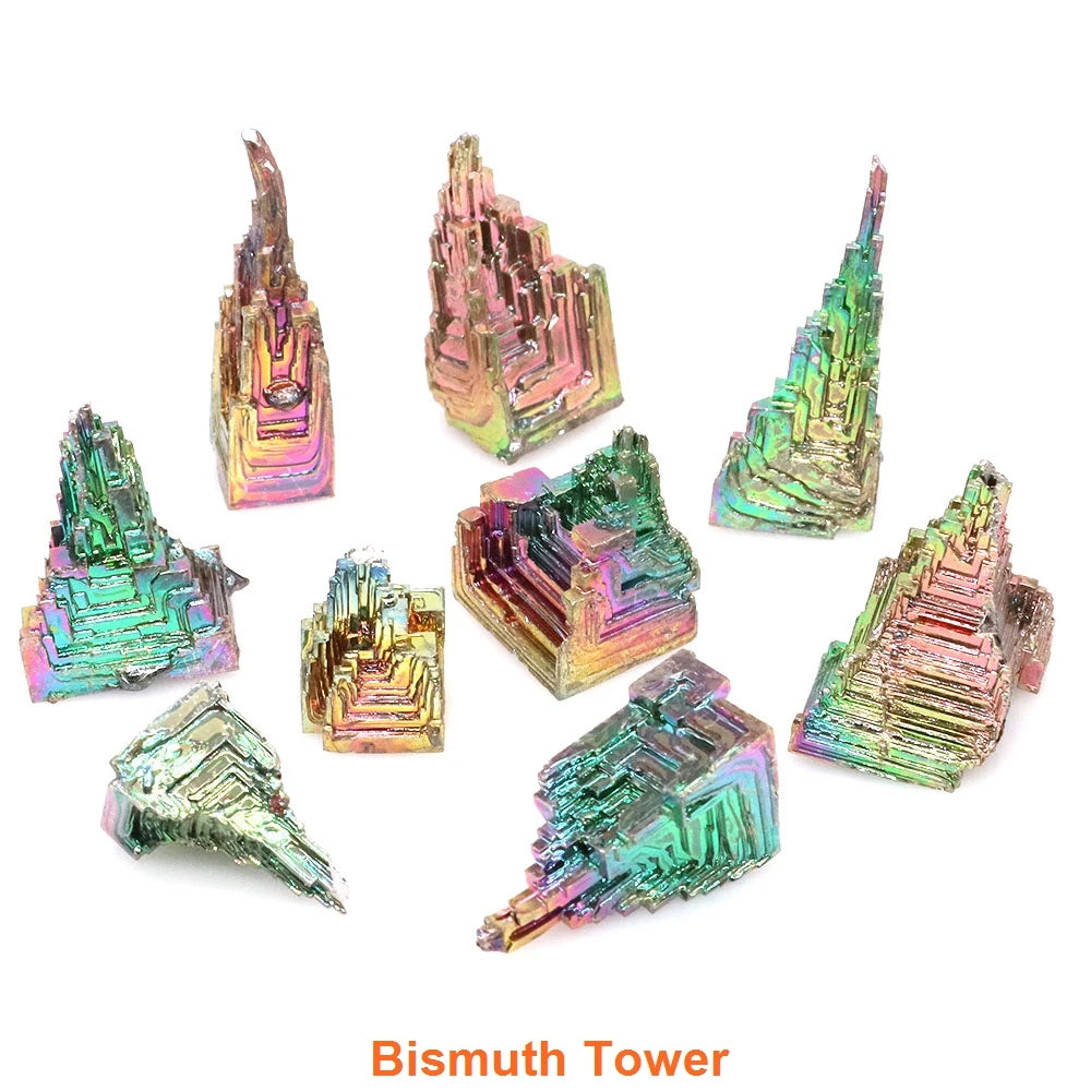 Collection of colorful bismuth crystal towers on a white background