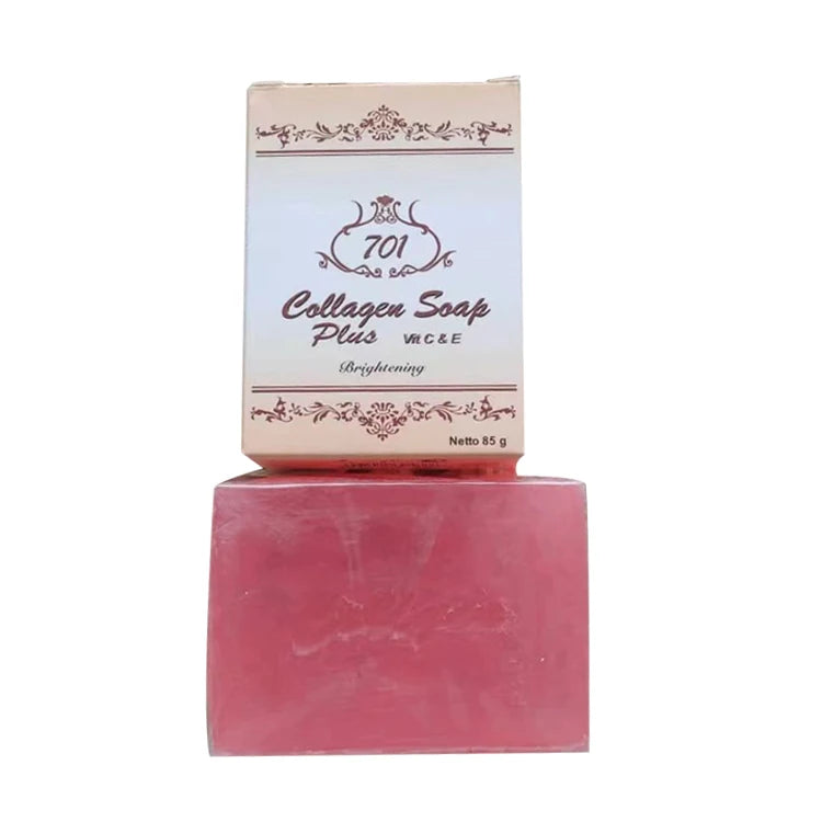 Pink collagen soap with packaging on a white background