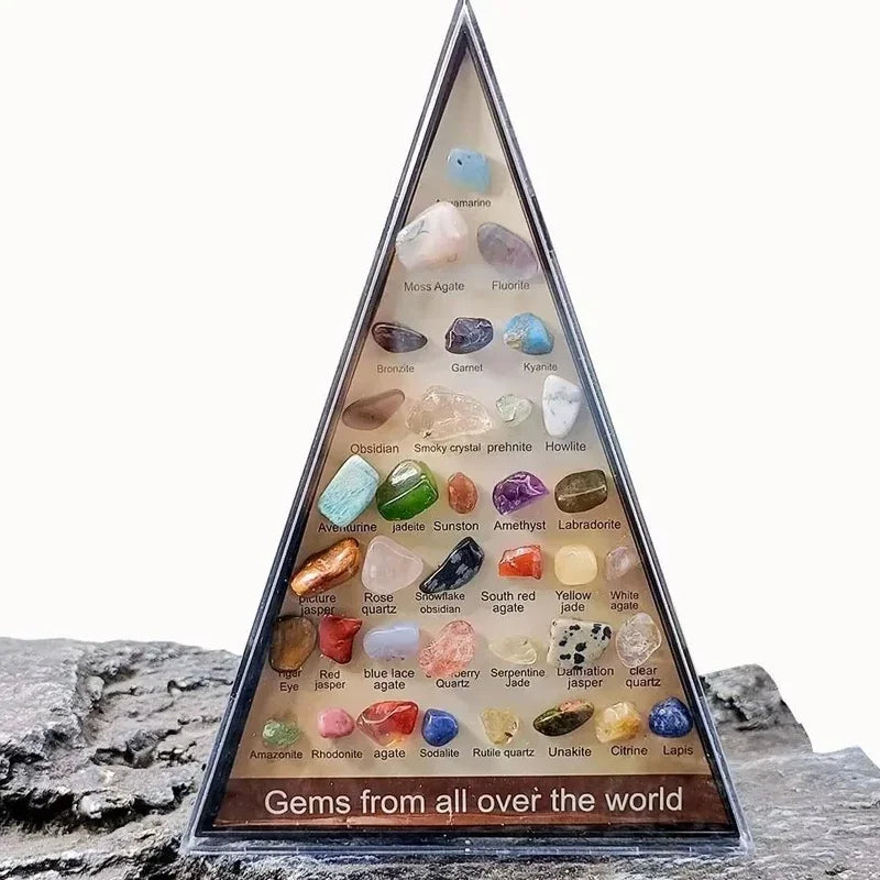 Triangular display of gemstones from around the world on a white background
