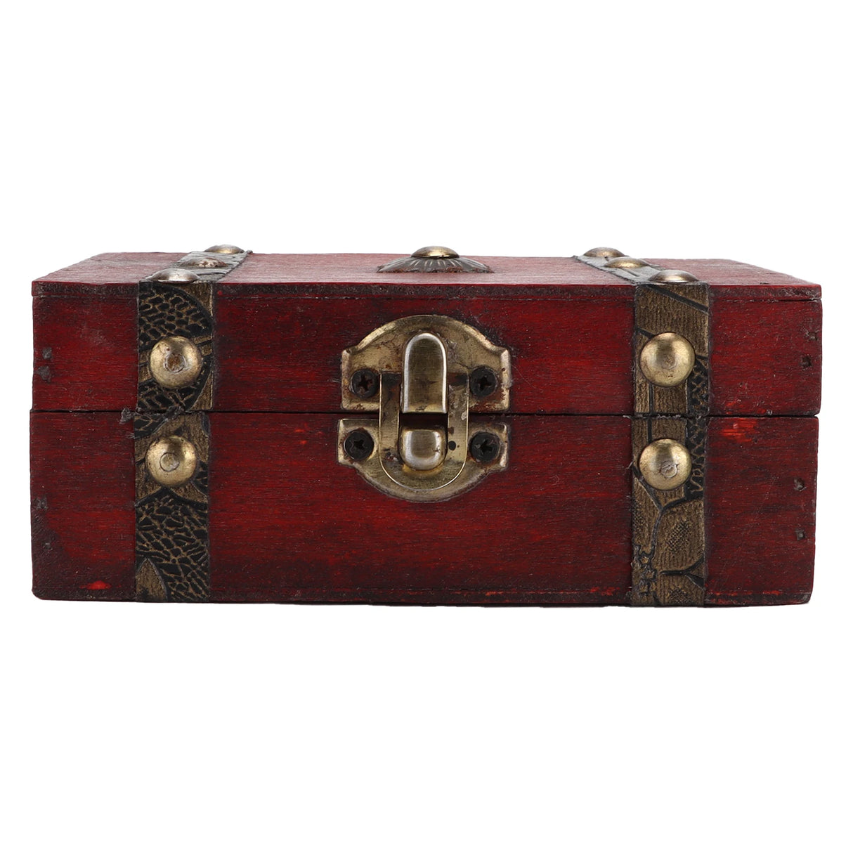 Red wooden treasure chest with brass lock and clasps on a white background