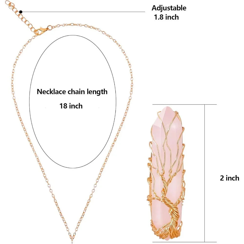 Necklace with pink stone and gold chain, showing necklace length and stone dimensions.