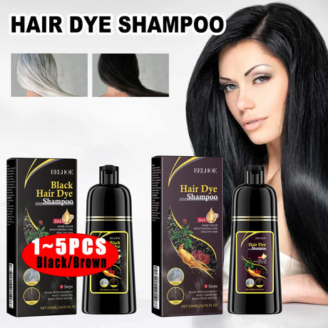 Hair dye shampoo packaging with a woman showing off long black hair, before and after effects shown.