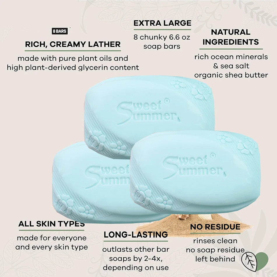 Three blue soap bars with 'Sweet Summer' branding on a light beige background, featuring product details.