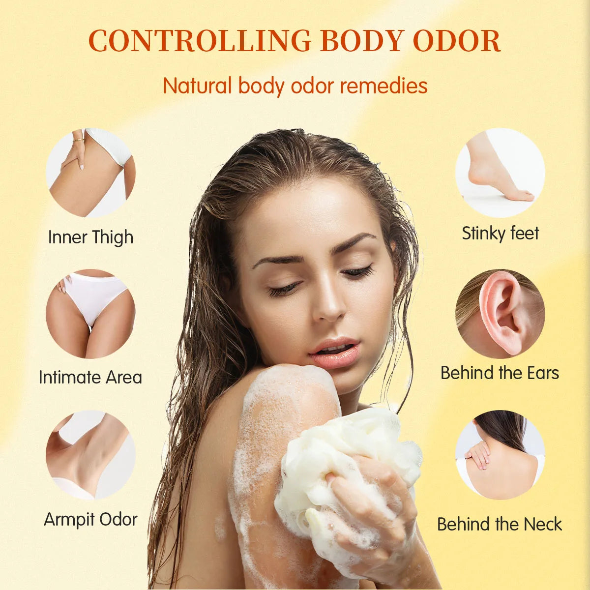 Woman applying soap with natural body odor remedies on a beige background