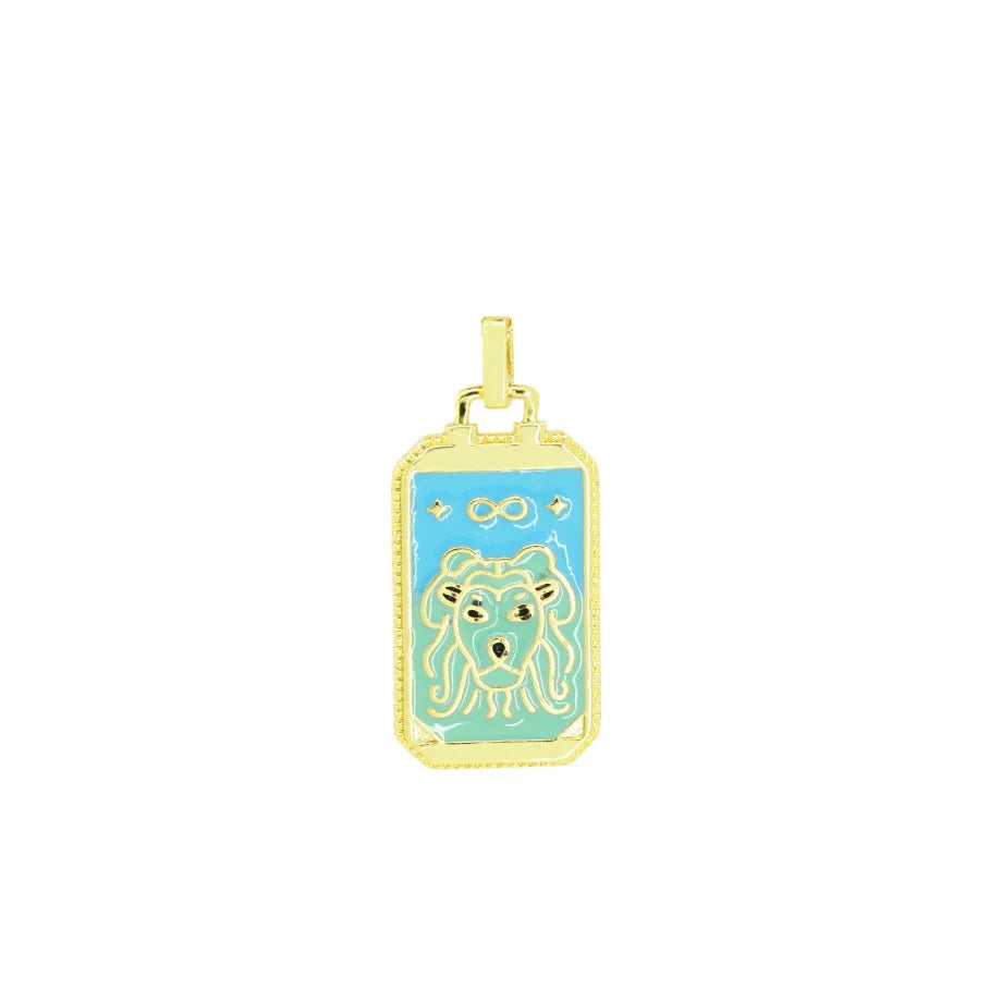 Gold pendant with a blue background featuring a dog illustration on a white background