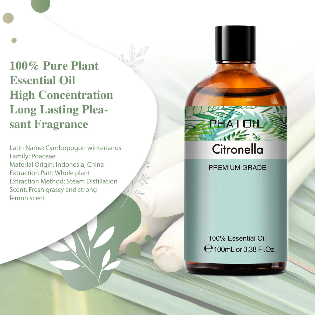 Bottle of PHATOIL Citronella essential oil with product details on a green and white background