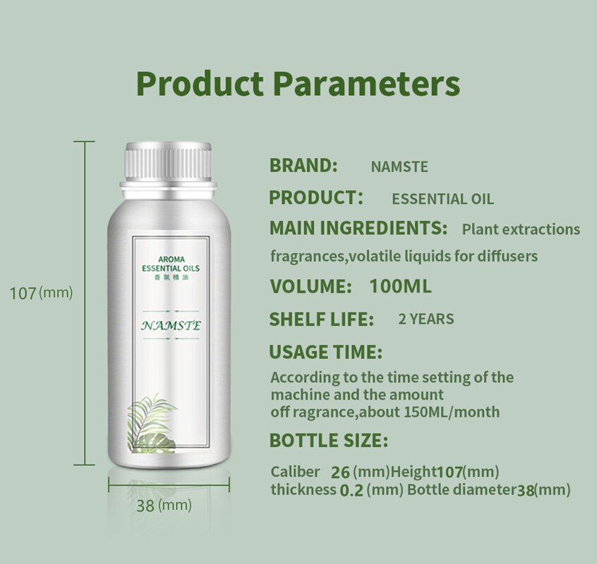 Namste essential oil bottle with product parameters on a green background