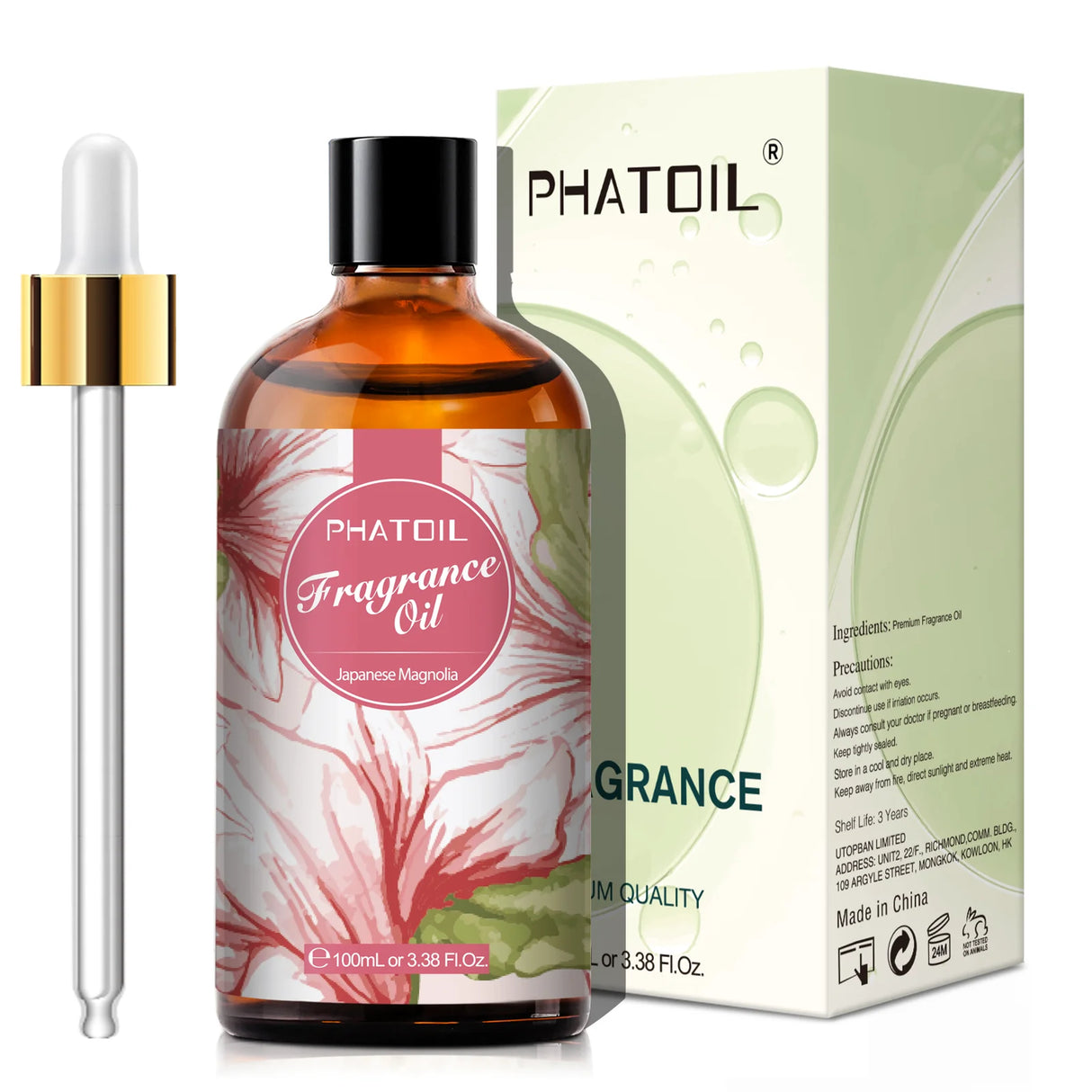 Phatoil fragrance oil bottle with dropper and packaging on a white background
