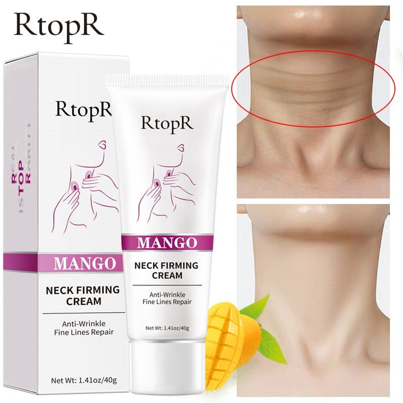 RtopR Mango Neck Firming Cream packaging with before and after effects on neck skin.