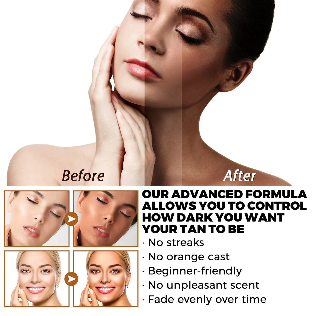 Before and after comparison of a tan with text about an advanced tanning formula.
