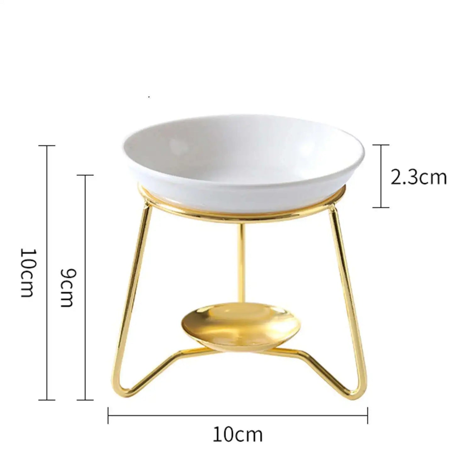 White bowl with gold stand and measurements on a white background